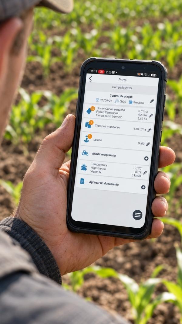 App de cuaderno de campo digital mostrando el registro de un tratamiento