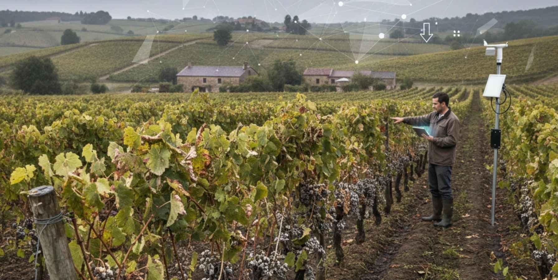 Viticultor en un viñedo con uvas afectadas por mildiu