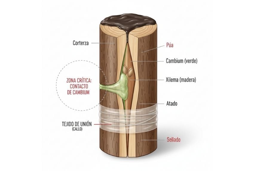 Diagrama de sección transversal de un injerto de púa en olivo