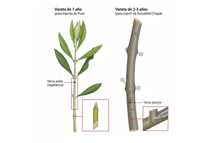 Ilustración comparativa de dos tipos de varetas de olivo