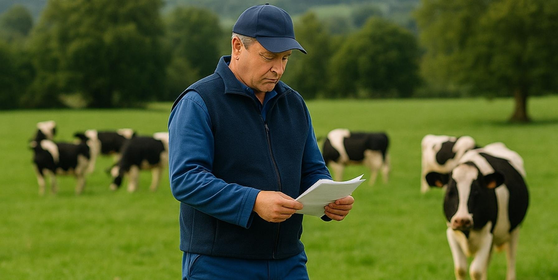 Ganadero revisando facturas en su explotación agrícola, preocupado por la entrada en vigor del sistema VeriFactu