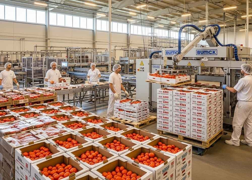 Paletización de tomates en planta alimentaria con traza y control de procesos mediante software Contraza